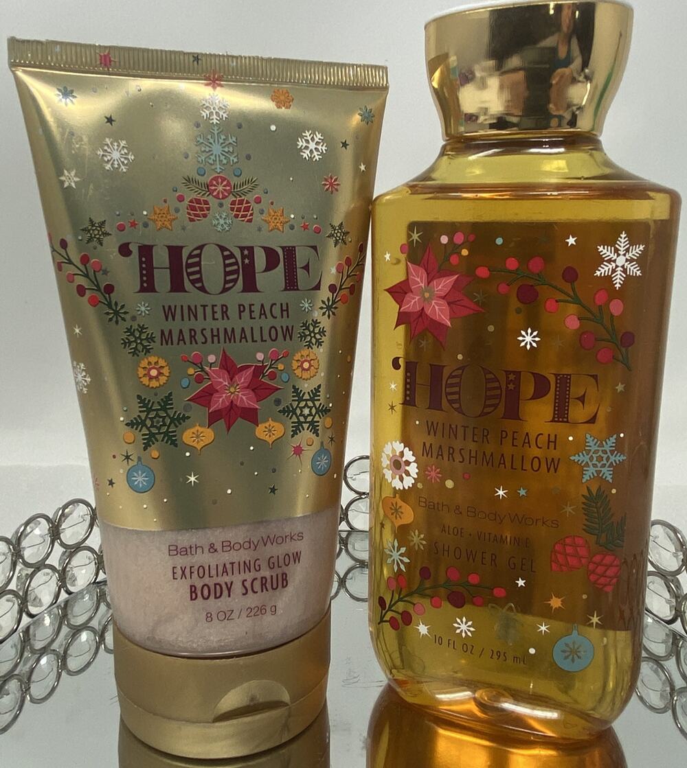 Bath & Body Works Winter Peach Marshmallow Body Scrub Shower Gel Set New